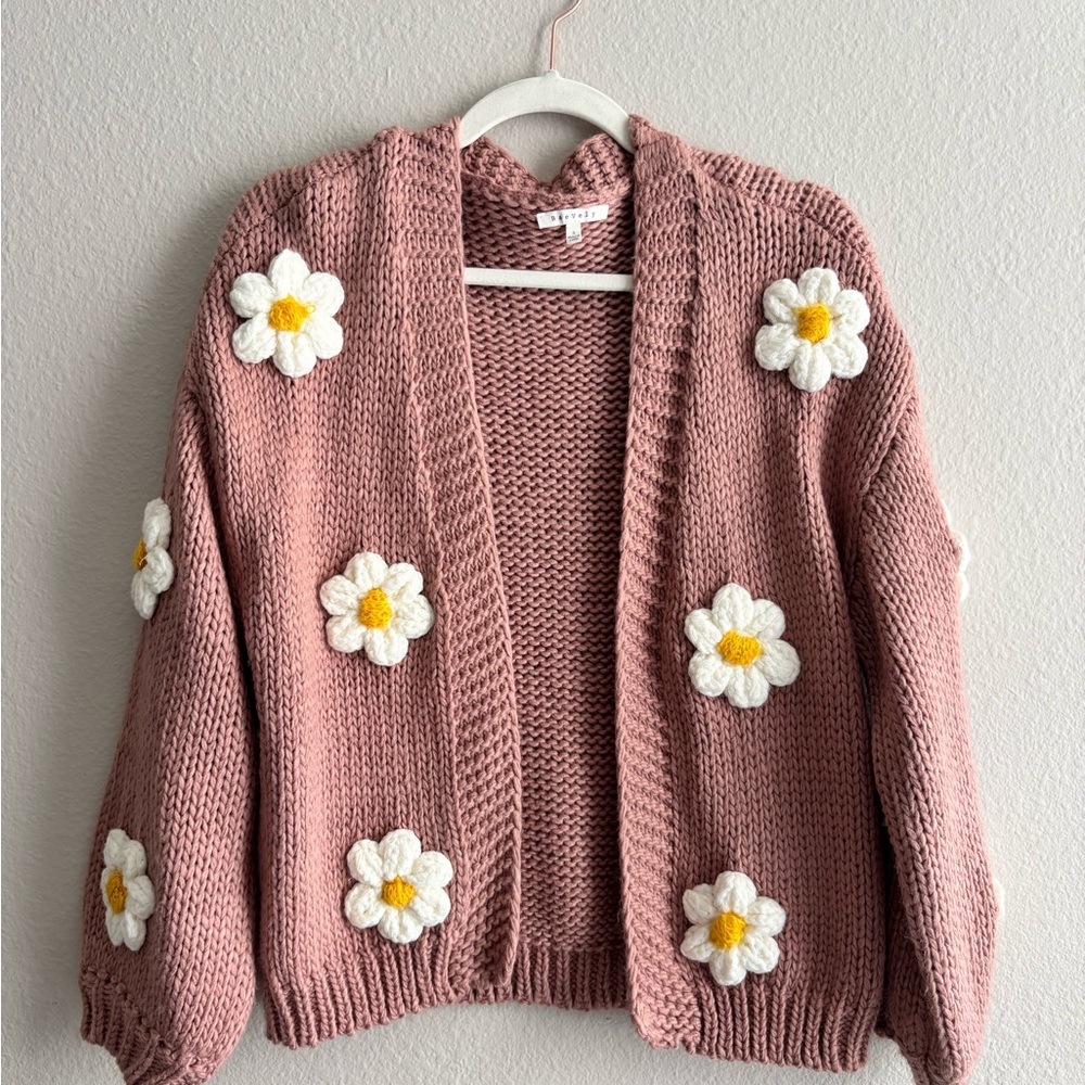 Pink Chunky Knit Cardigan with Floral Accents